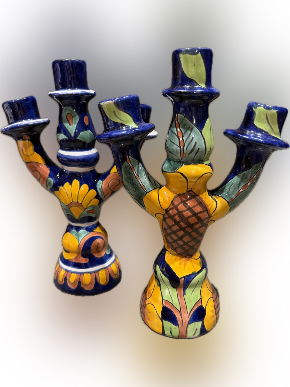 Beautiful Large Pair of Hand-Painted Mexican
Talavera 3-Arm Candelabras.